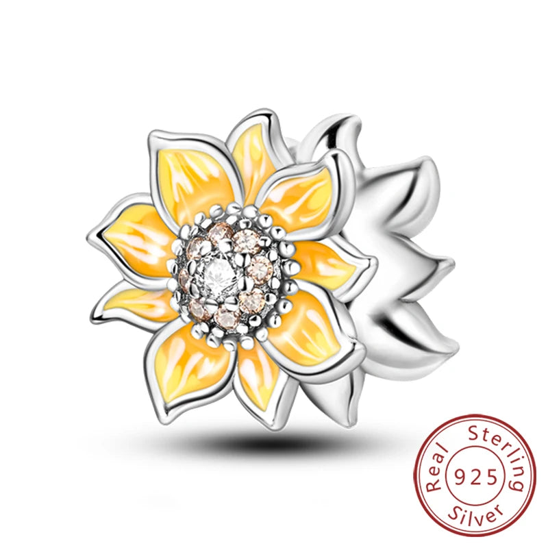 New 925 Sterling Silver Sunflower Heart Charm Bead | Original Bracelet DIY Jewelry Gift for Women