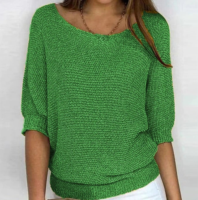 Women's Solid Color Knitted Sweater Pullover | Elegant Winter Round Neck 3/4 Sleeve Top