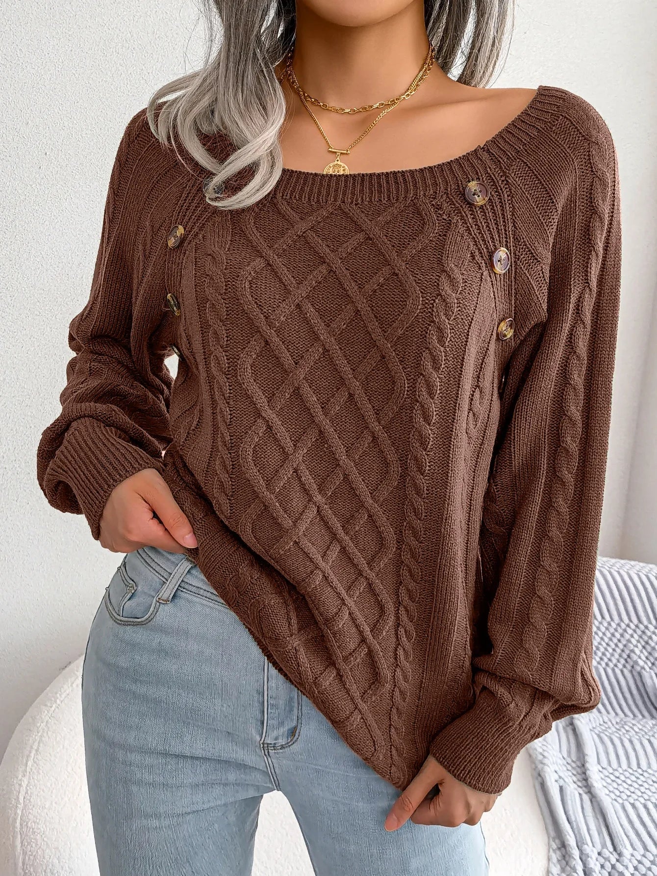 Women’s Casual Square Collar Knitted Pullover Sweater – Long Sleeve Autumn Winter 2025 Top