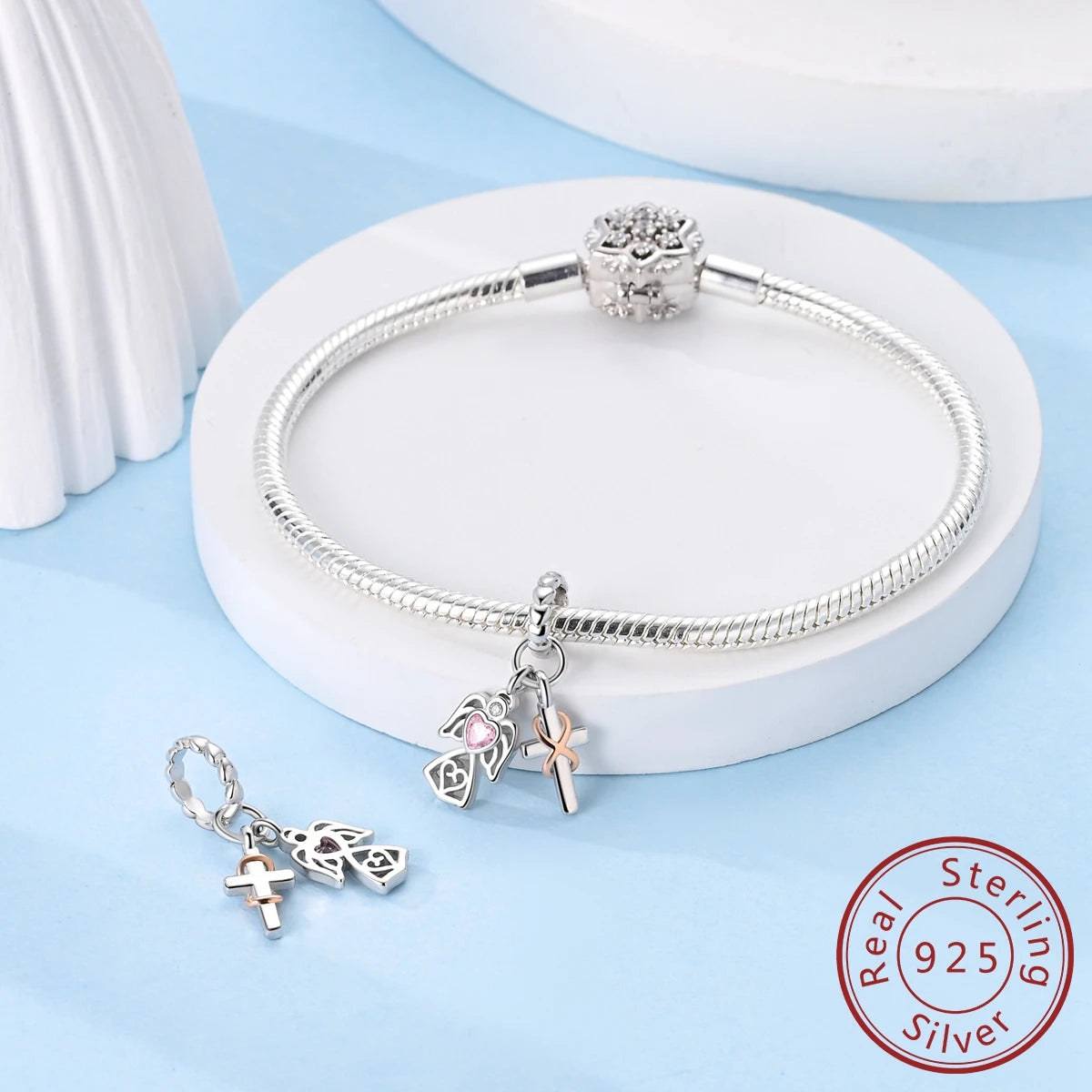 925 Sterling Silver Pink Zircon Heart Cross Charm | Fits Pandora Original Bracelet | Women’s Pendant DIY Jewelry Gift