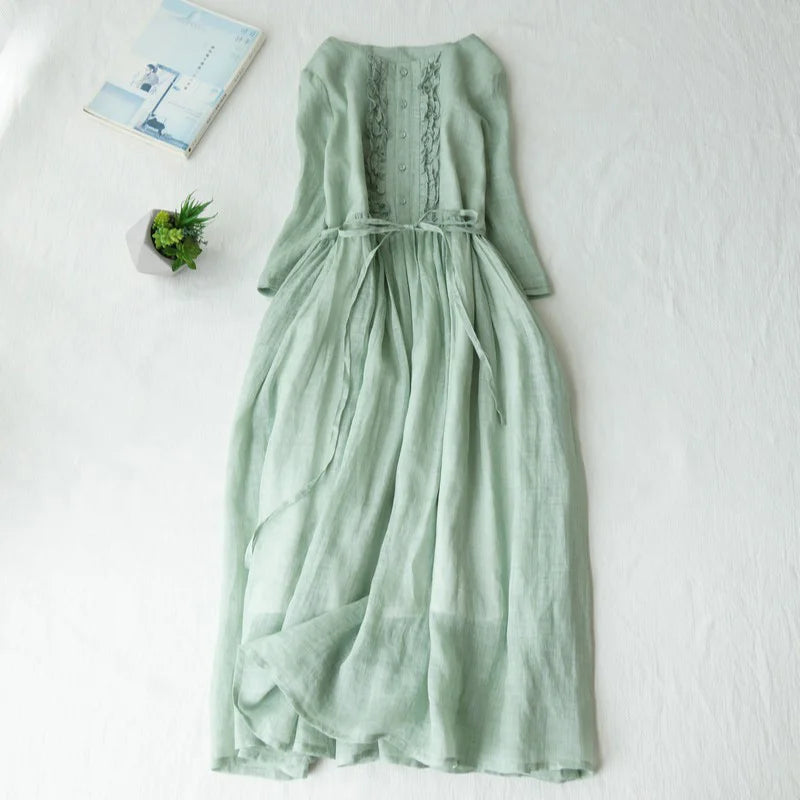 Japanese Style Women’s Long Sleeve Cotton Linen Dress | Wooden Ear Design Loose A-Line Skirt with Waist Belt