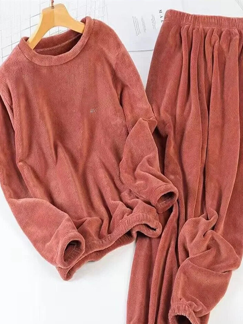 Thickened Coral Fleece Sweatwear Set 🧥 Unisex Warm Home Clothes ❄️ Sports Outfit Long Sleeve Round Neck Pajamas 👕