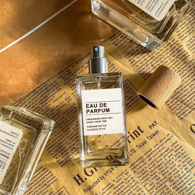 30ml / 50ml Refillable Perfume Bottle – Empty Glass Flat Square Spray Container | Portable Travel Cosmetic Bottle with Wooden Lid