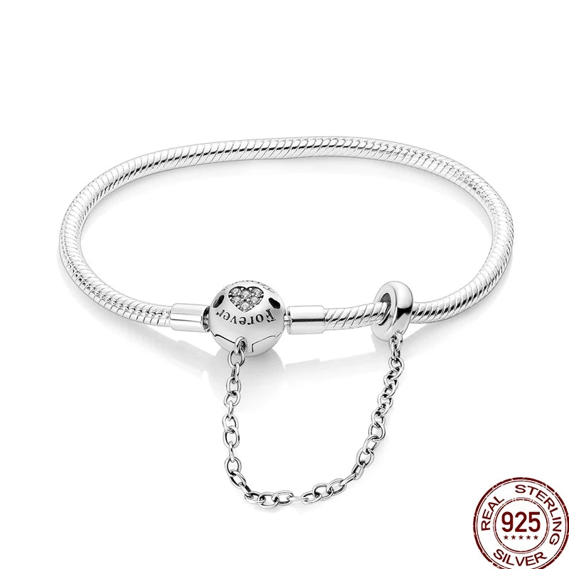 925 Sterling Silver Heart Moon Sun Clasp Charm Bracelet | 17–20CM Original Bracelet for Women | Fits Pandora DIY Beads Jewelry