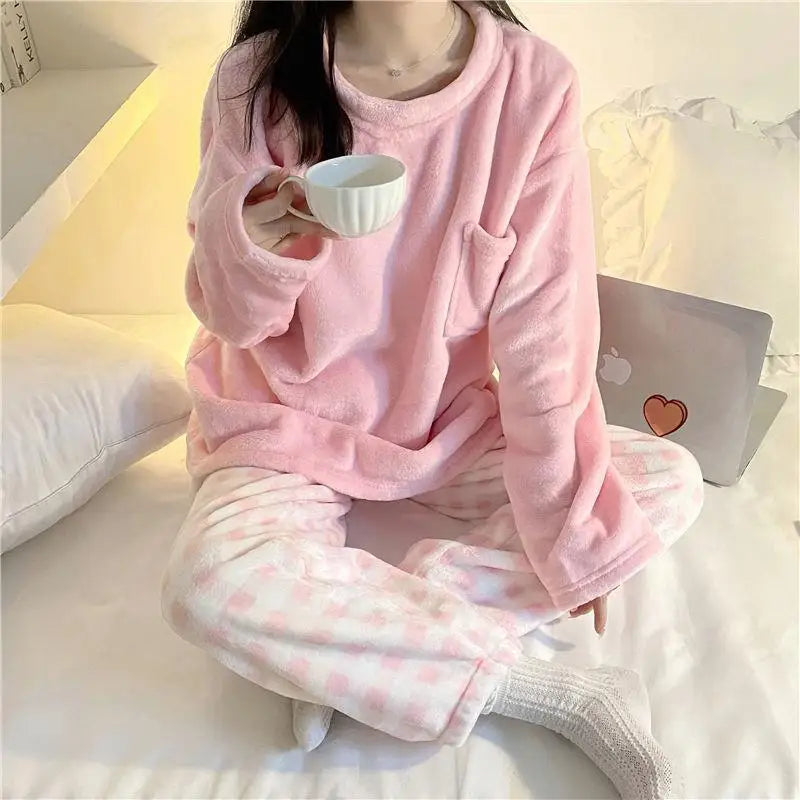 ❄️ Fleece Thick Warm Women’s Pajamas Set 🛌 Soft Winter Sleepwear | Cozy Solid Top & Plaid Pants Pijamas Home Suit ❤️