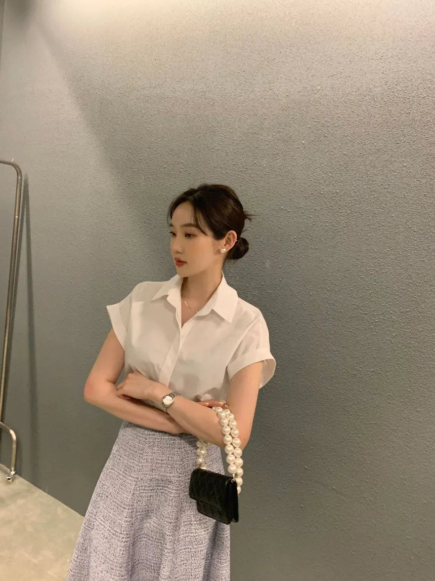 Chic Summer Loose Women’s Shirt | Classic Pure Color Professional Blouse with Small Lapel Collar