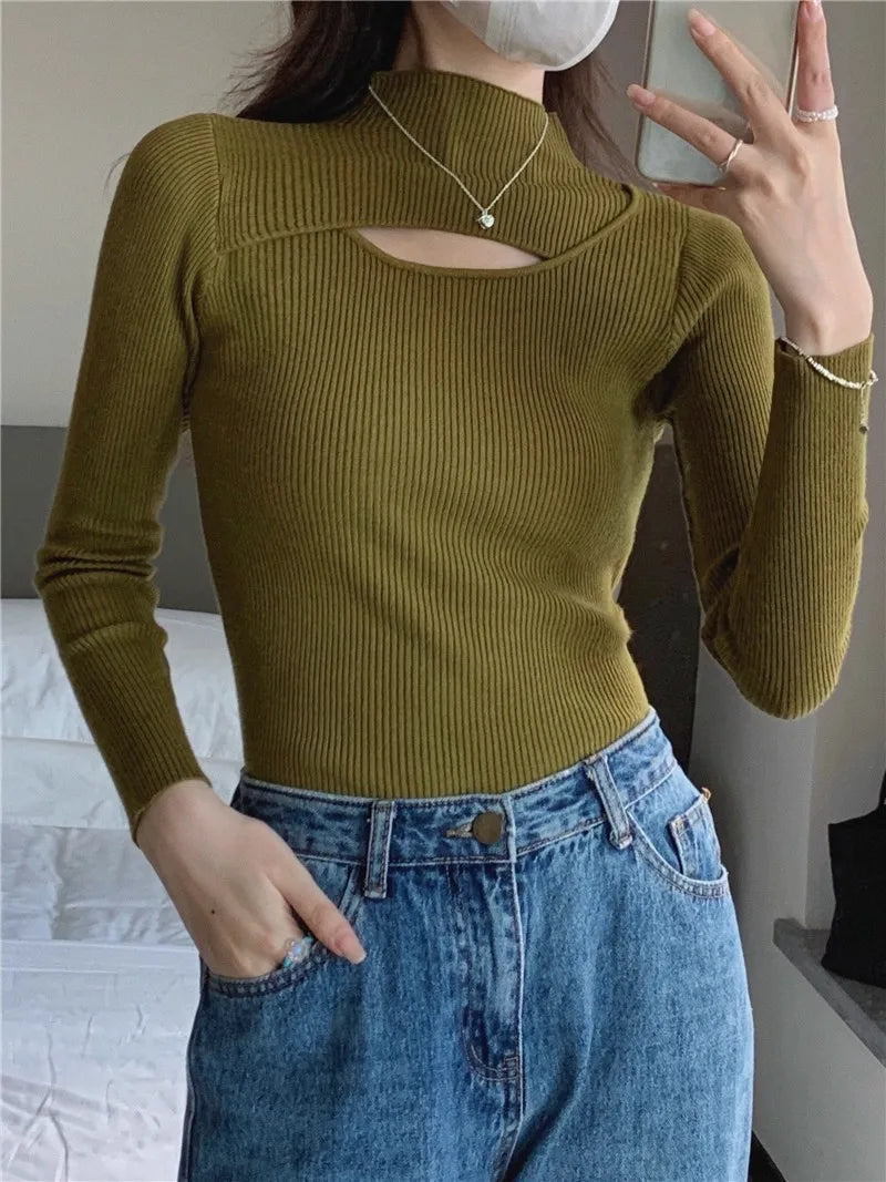 Women's Slim Knit Sweater | Autumn Winter Pullover Top | Long Sleeve Elastic Knitted Shirt for Women