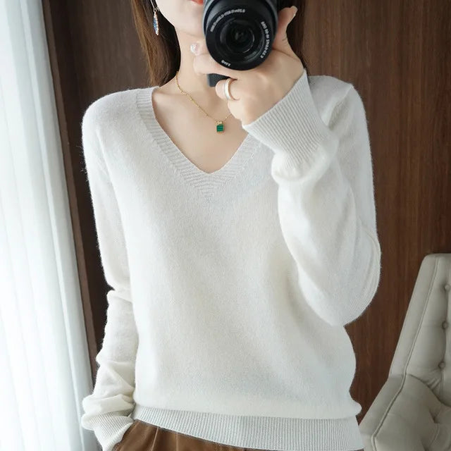 2025 Women’s V-Neck Knitted Sweater | Slim Fit Soft Knit Pullover for Autumn & Winter