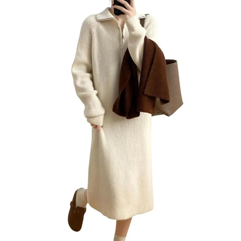 Winter Sweater Midi Dress – Zipper Turn-Down Collar, Long Sleeve Loose Knitted Dress with Striped Texture | Pure Color Warm Dress