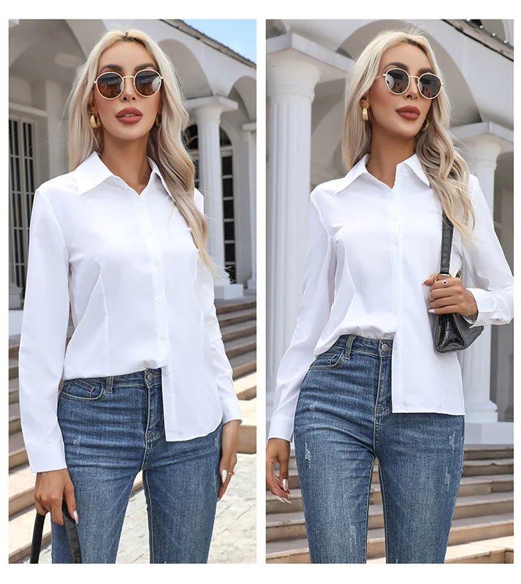 Women’s Solid Color Long Sleeve Shirt – Spring Autumn Casual Turn-Down Collar Loose Top