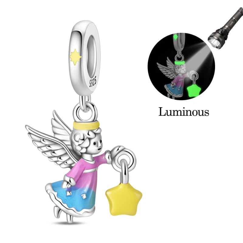 Original 925 Sterling Silver Luminous Lantern & Magic Cat Charm Bead | Glowing Angel Jungle Pendant for Bracelet Jewelry