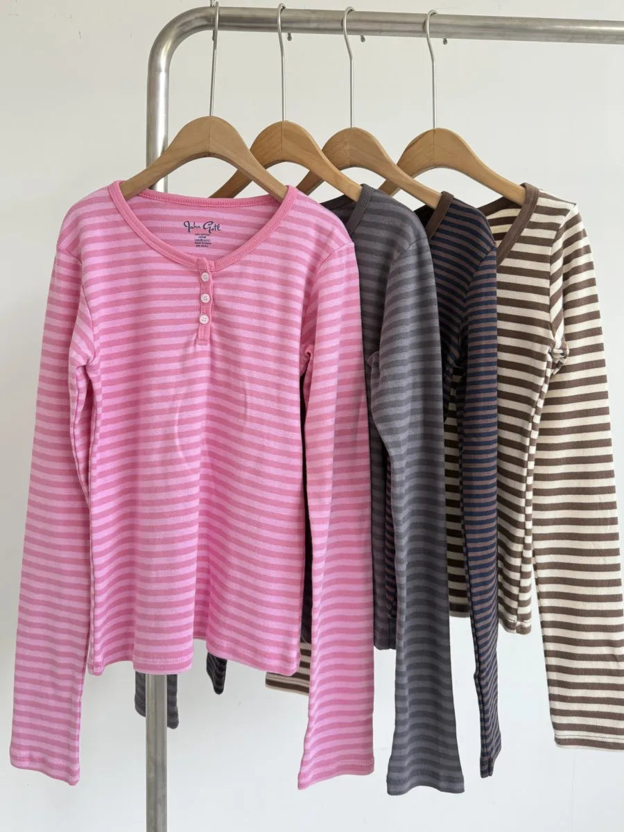 Women’s Pink Striped Slim Long Sleeve Tee | Casual Cotton O-Neck T-Shirt | Sweet Vintage Y2K Top