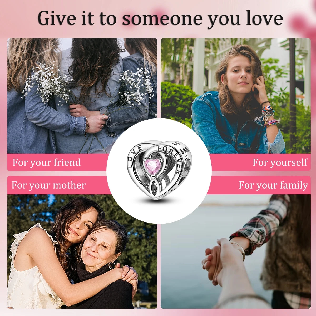 925 Sterling Silver Pink Zircon Heart Cross Charm | Fits Pandora Original Bracelet | Women’s Pendant DIY Jewelry Gift