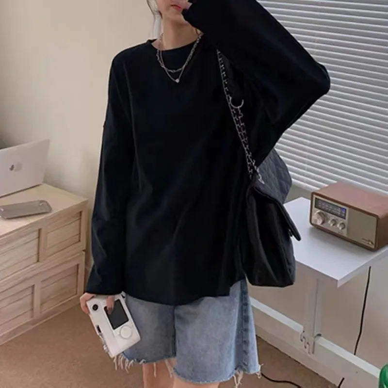 Spring Autumn Women’s Loose Long Sleeve Basic T-Shirt – Casual Round Neck Top Polyester Spandex