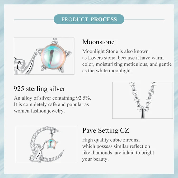 WOSTU 925 Sterling Silver Cat & Rabbit Moon Necklace | Star Zircon Pendant for Women Fine Jewelry Gift