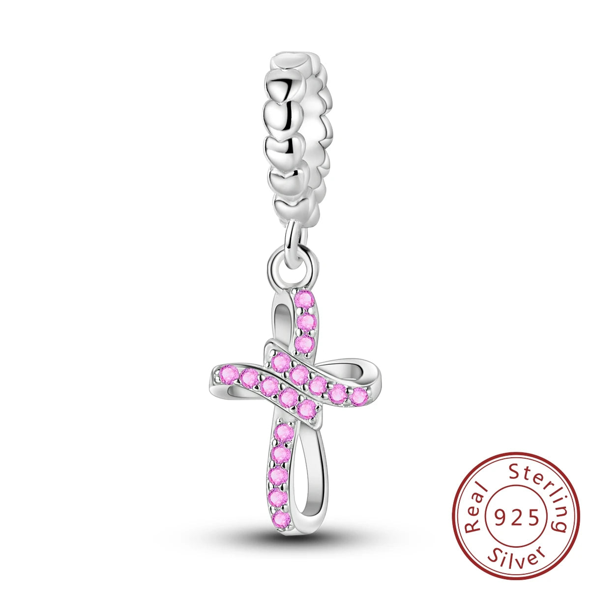 925 Sterling Silver Pink Zircon Heart Cross Charm | Fits Pandora Original Bracelet | Women’s Pendant DIY Jewelry Gift