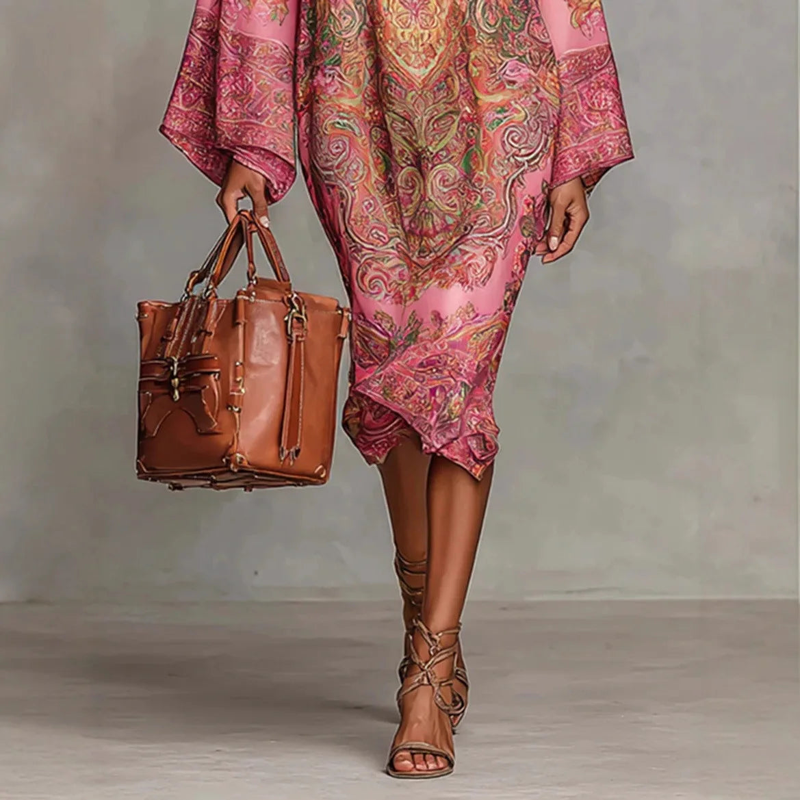 Fashion Print Long Dress for Women – 2025 Autumn Long Sleeve Loose Half High Collar Maxi Dress | Elegant Robe Femme
