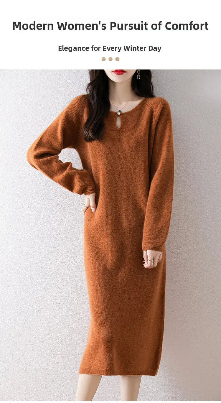 Loose Knitted Sweater Dress for Women – Round Neck Long Sleeve Casual Autumn New Arrival Elegant Fashion Dress