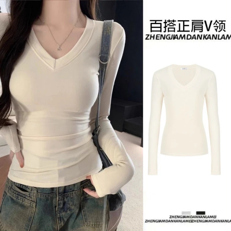 Women's Fleece-Lined Long Sleeve T-Shirt ❄️ Sweet Slim Fit U-Neck Top 👚 Autumn Winter Warm Fashion