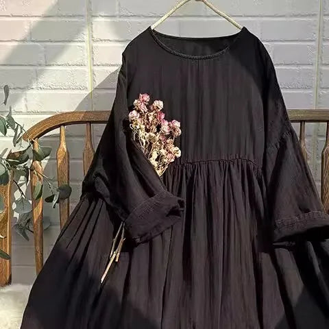 Artistic Vintage Plus Size Women's Long Dress – High Waist Loose A-Line Doll Dress, Ethnic Style Commuter Mid-Length Skirt