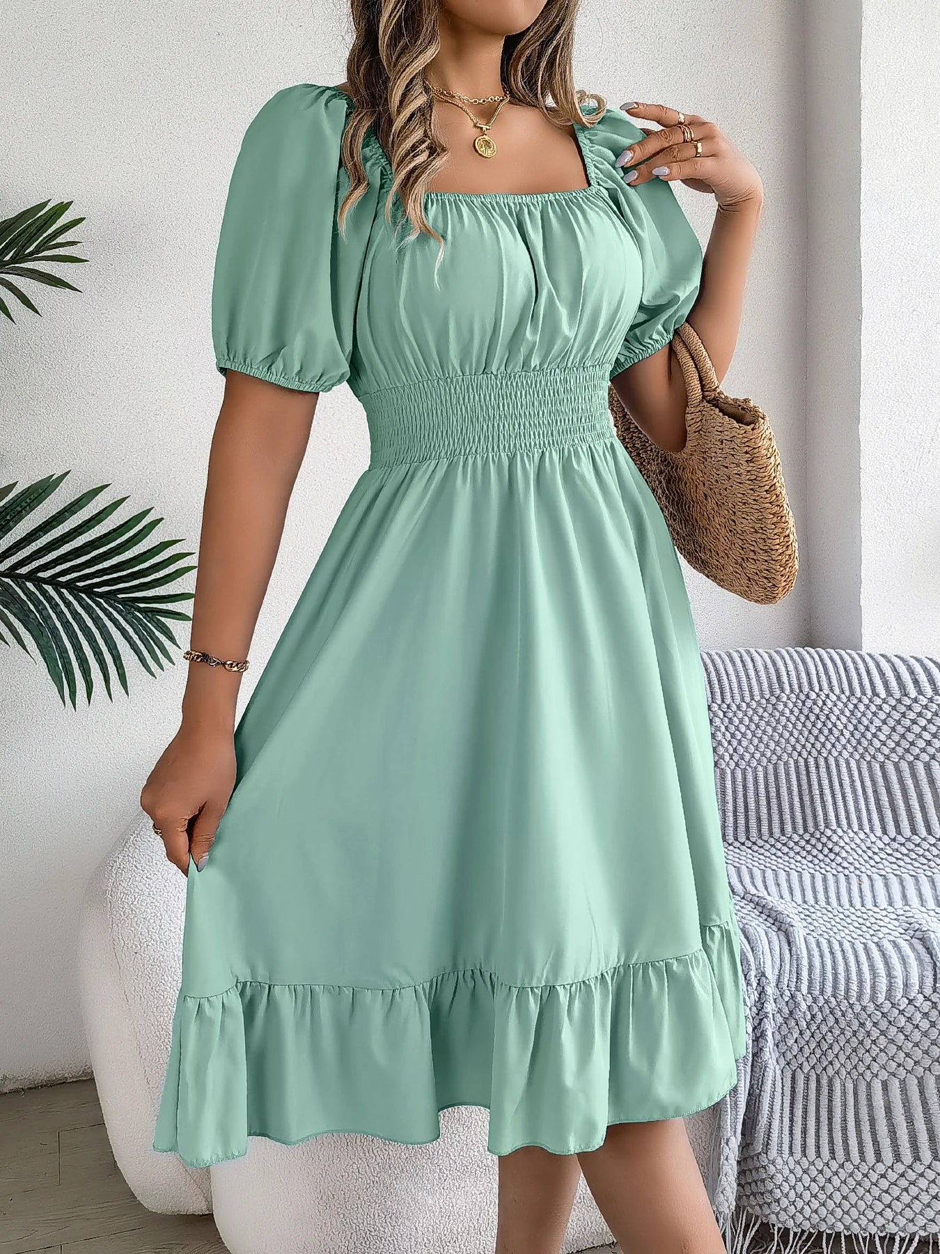 2026 Women’s Elegant High-Waisted Dress – Square Neck, Short Sleeve, Ruffled Edge Long Dress | Spring Summer Valentine’s Day