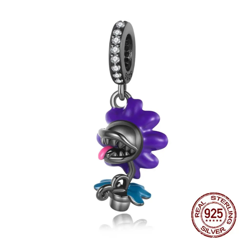 925 Sterling Silver Purple Flower & Butterfly Dangle Charm | Bead for 4MM Bracelet or Necklace DIY Jewelry Gift