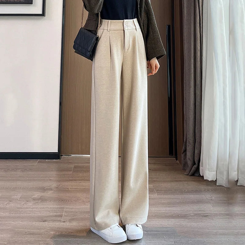 2024 Autumn Winter Women’s Woolen Wide Leg Pants – High Waist Thick Draping Trousers