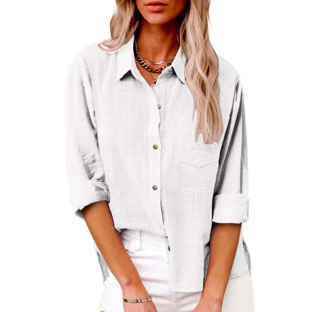 Cotton Linen Long Sleeve Women’s Shirt – Solid Elegant Casual T-Shirt 👚🌿
