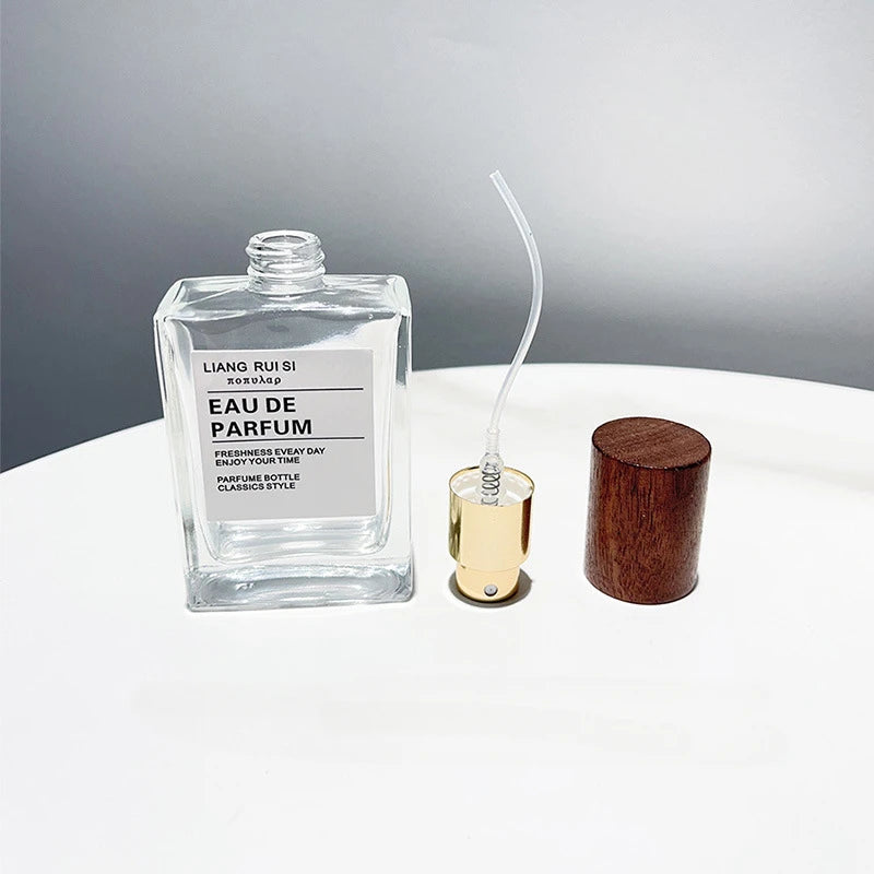 30ml / 50ml Refillable Perfume Bottle – Empty Glass Flat Square Spray Container | Portable Travel Cosmetic Bottle with Wooden Lid