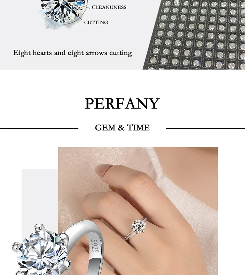 PERFANY 1–5CT Moissanite Ring for Women | S925 Pure Silver Six-Claw GRA Certified