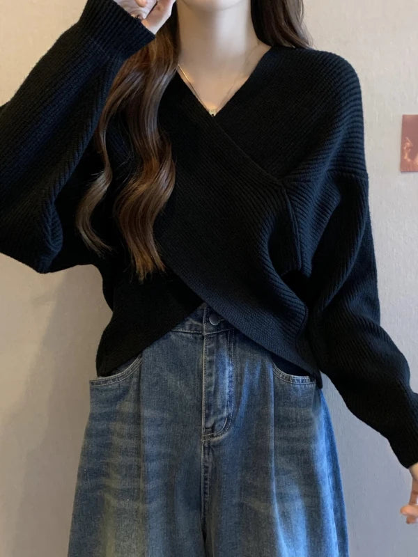 2025 New Korean Style Casual Slim Fit Knitted Top – Cross Neck Lazy Sleeve Design Sensation