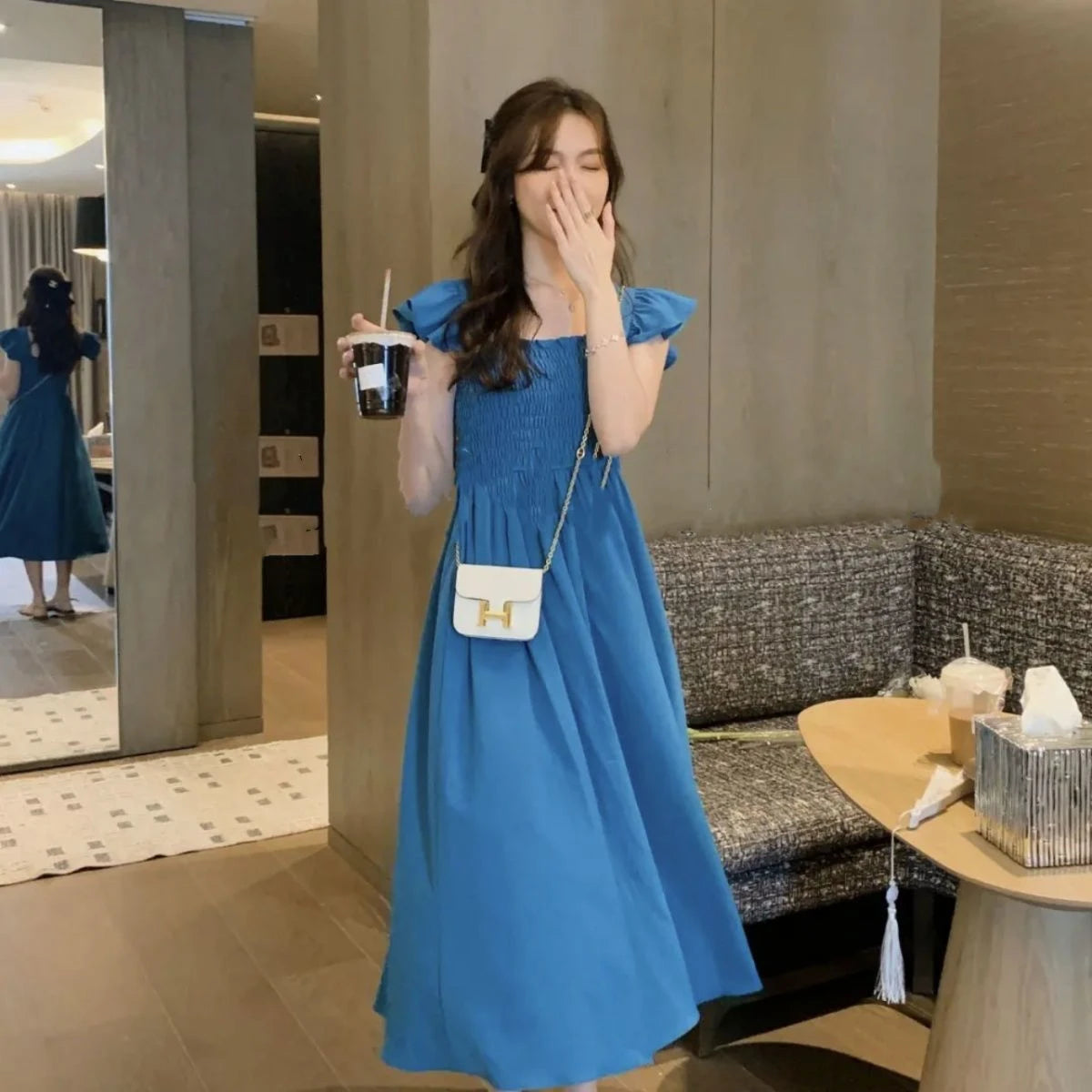 ☀️ Summer 2025 Elegant Hepburn-Style Tea Break Midi Dress 👗 Gathered Waist, Short Sleeve, Square Collar Pleated A-Line Dress 🌸