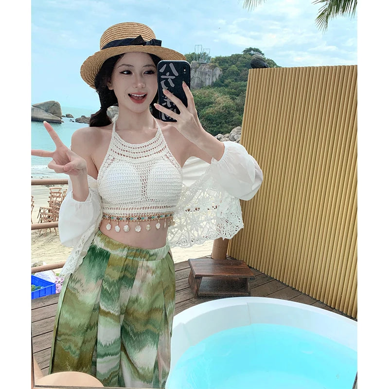 Vacation Style High Waist Wide Leg Pants – Thin Long Ethnic Print Pants for Beach & Holiday Wear