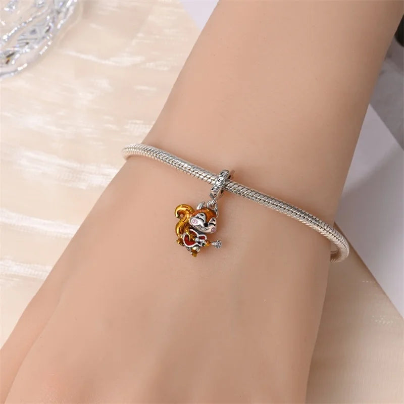 925 Sterling Silver Squirrel & Maple Leaf Charm | Shiny Zircon Autumn Beads Fit Pandora Bracelet DIY Jewelry