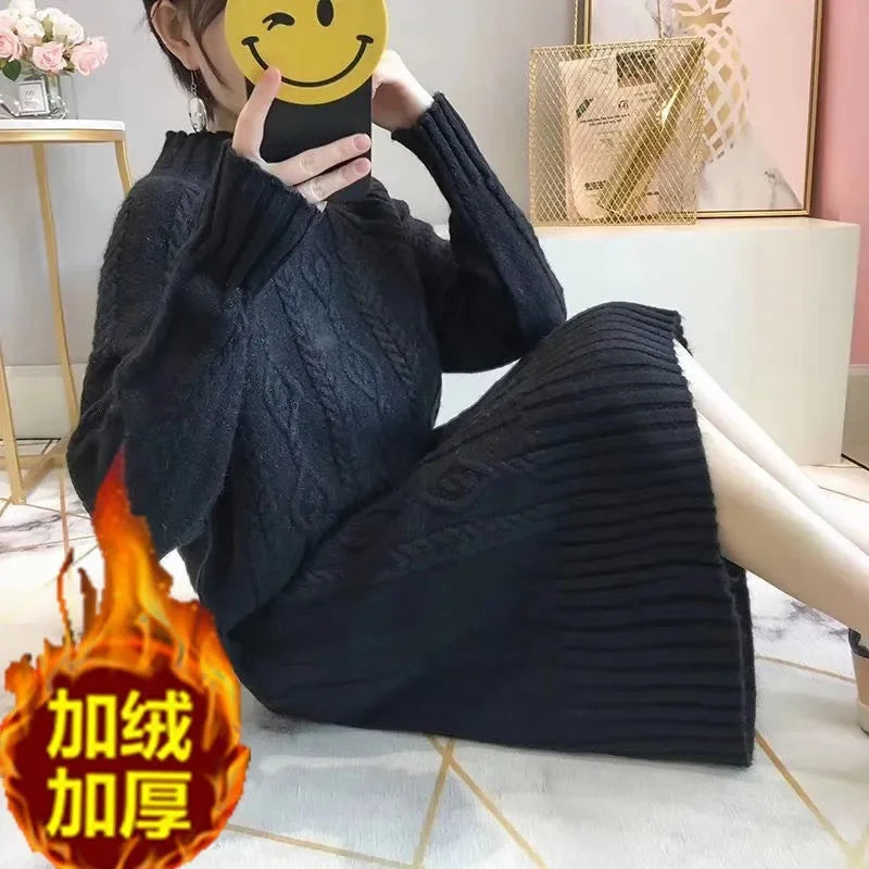 Khaki Thickened Half High Neck Sweater Dress for Women – Autumn Winter 2023 Korean Fashion Loose Thin Knit Long Dress