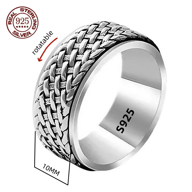 Simplicity Vintage S925 Sterling Silver Viking Ring – Rotatable Woven Pattern Unisex Jewelry Gift