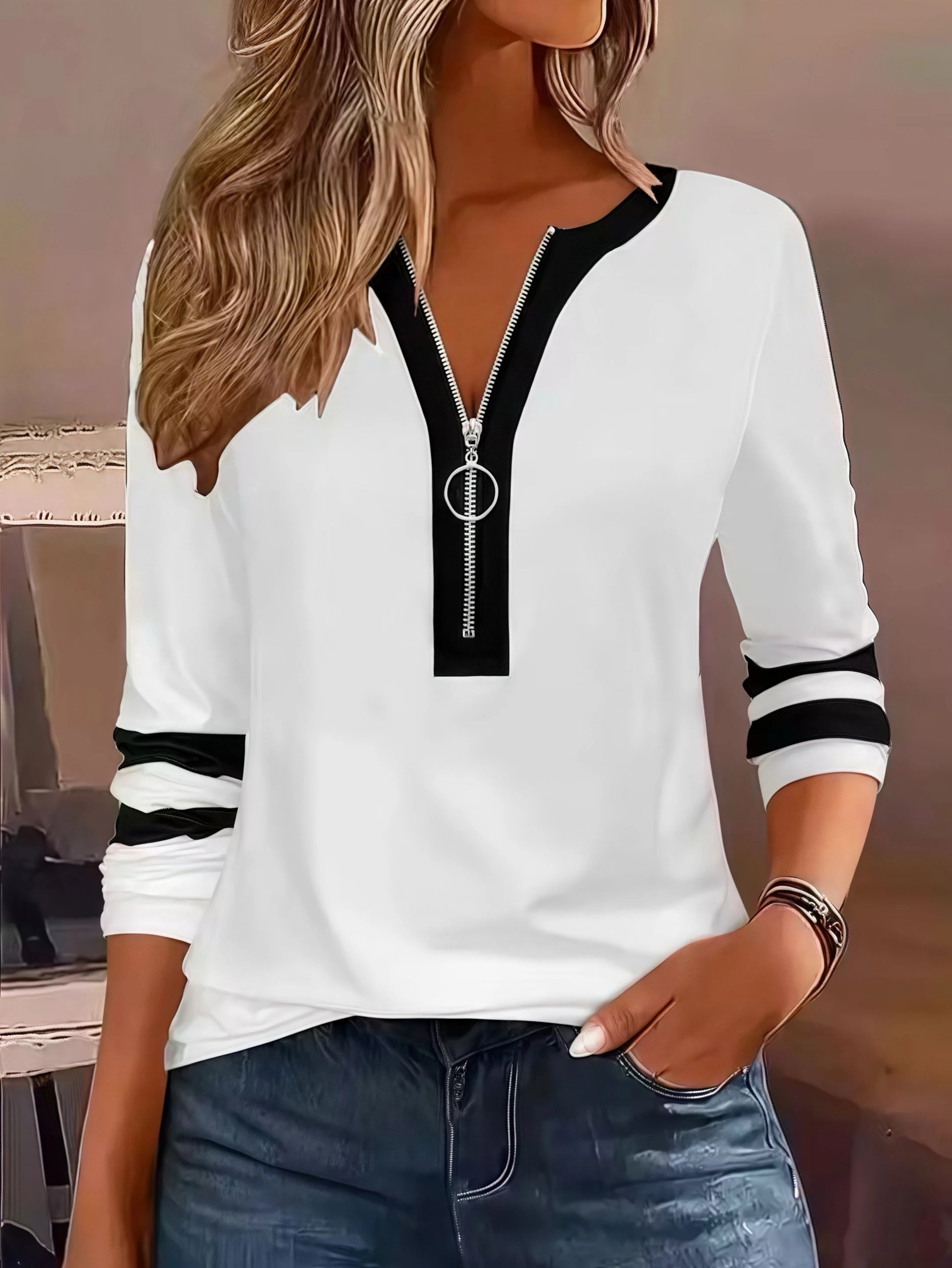 Plus Size Long Sleeve T-Shirt – Geometric Stripes & Color Block Ring Zipper Fall Fashion 🍂👚