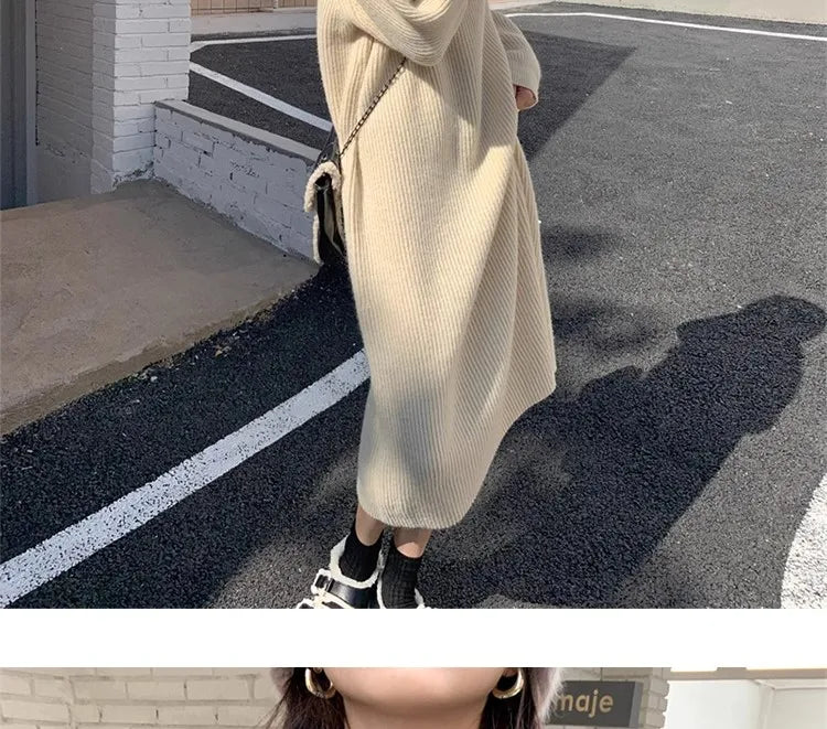 Autumn Winter Knitted Zipper Collar Dress for Women – Long Sleeve Loose Fit Pure Color H-Shape Casual Warm Dress
