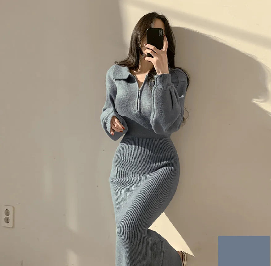 Elegant V-Neck Knitted Dress – Women's Autumn Winter High Waist A-Line Long Skirt, Soft Wrap Body Korean Style