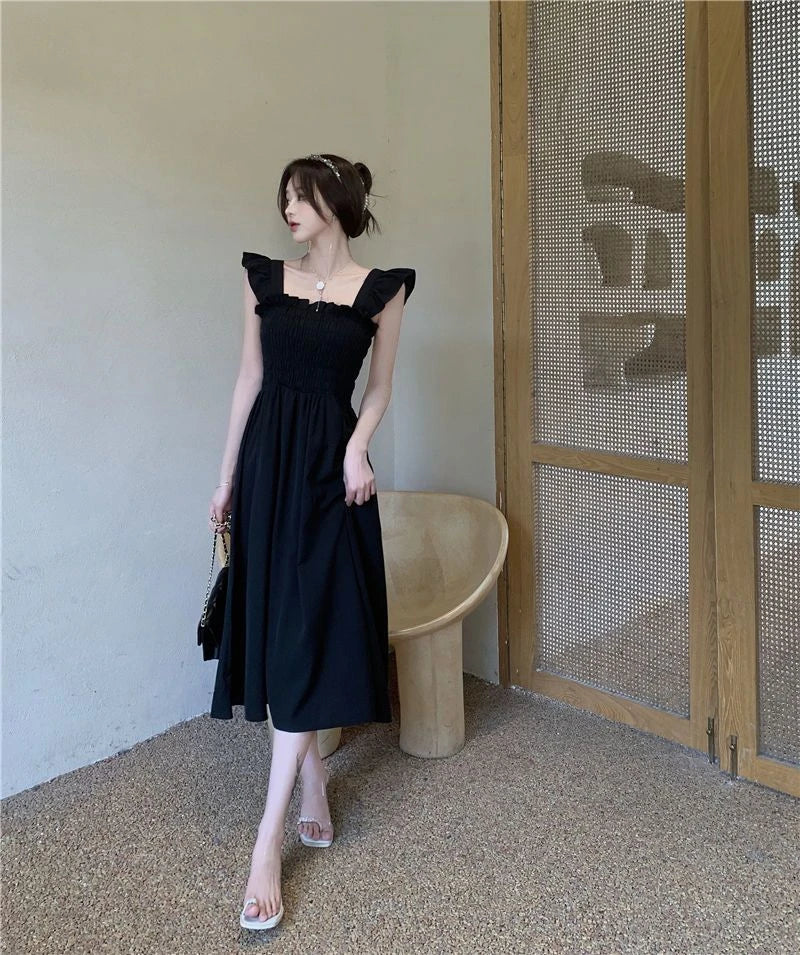 ☀️ Summer 2025 Elegant Hepburn-Style Tea Break Midi Dress 👗 Gathered Waist, Short Sleeve, Square Collar Pleated A-Line Dress 🌸
