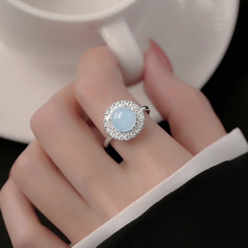 PANJBJ 925 Sterling Silver Hotan Jade Geometric Adjustable Ring | Retro Delicate Jewelry Gift for Women