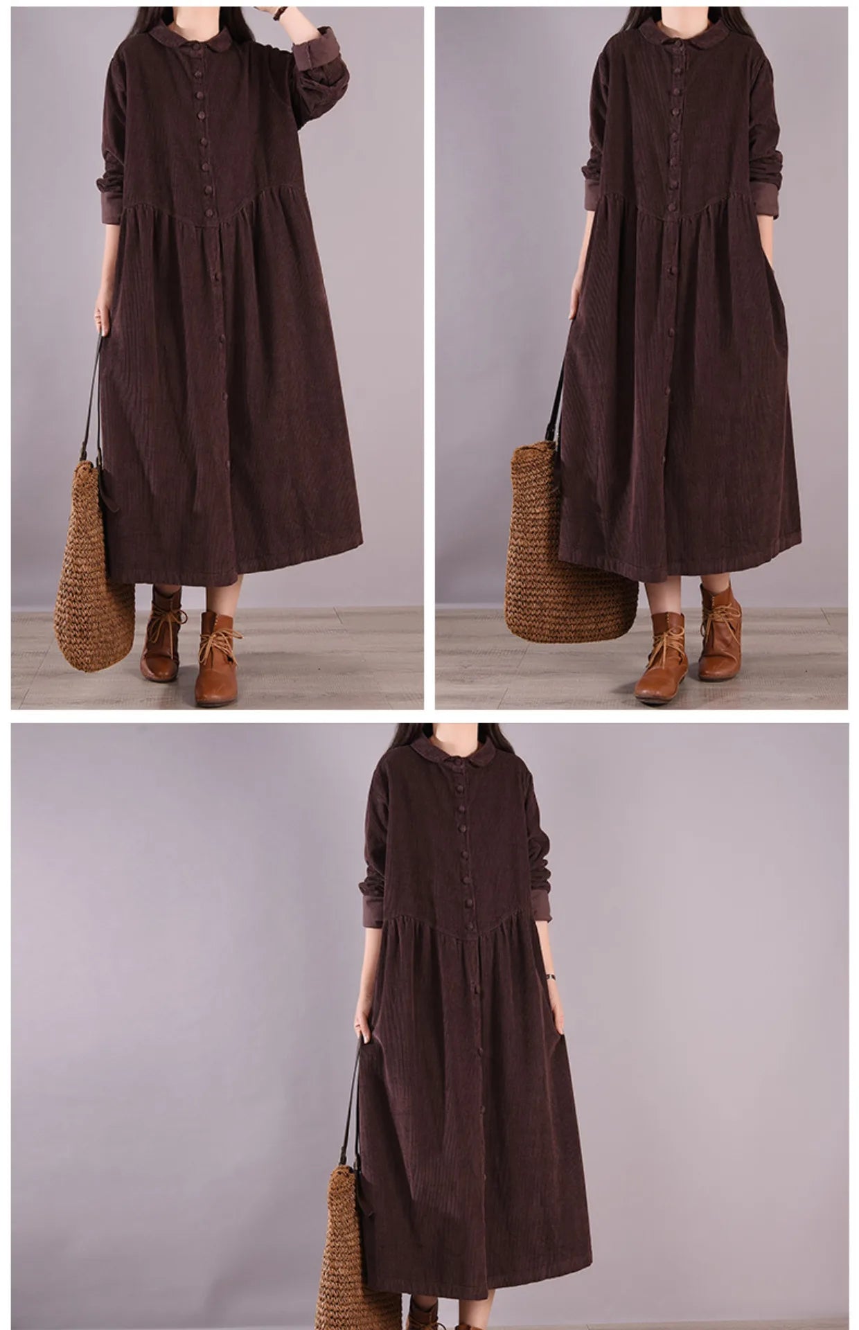 Retro Pure Color Corduroy Dr Loose Casual Long irt Dr Women's A-Line Skirt Long Sve  Collar Single Button Closure