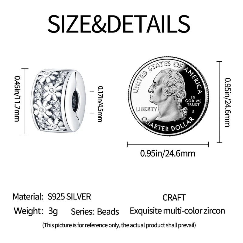925 Sterling Silver Pave Clip Charms with Safety Chain | Colored Beads Stopper Clasp Fit Original Pandora Bracelet Jewelry