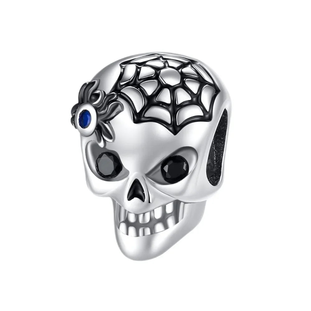 Halloween 925 Sterling Silver Black Skull, Bat & Pumpkin Charms | Pendant for DIY Original Bracelets, Women’s Fine Jewelry Gift