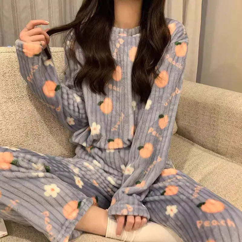 Adorable Sweet Coral Fleece Thiened Autumn Winter Loungewear Set – Women’s Casual Home Clothes | Long Pants Comfortable Leisurewear