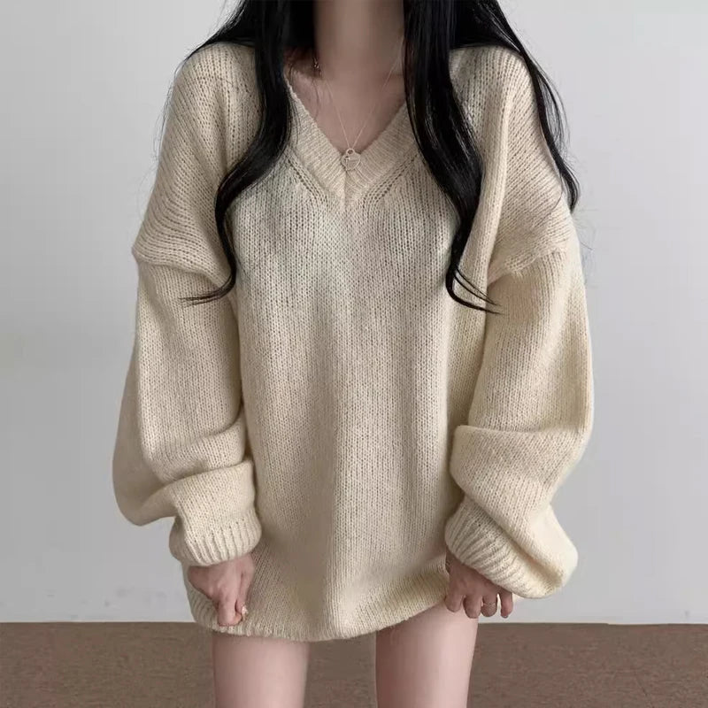 Soft Cozy Knitwear Women’s Loose Sleeve Sweater – Autumn Winter New Fashion V-Neck Long Sleeve Korean Commute Outerwear