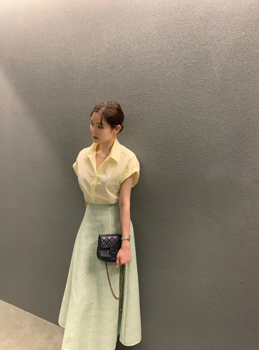 Chic Summer Loose Women’s Shirt | Classic Pure Color Professional Blouse with Small Lapel Collar