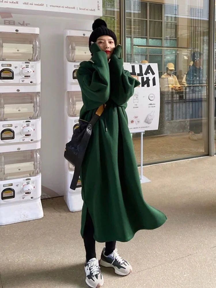 🔥 Plus Size Fleece-Lined Hooded Long Dress for Women 👗❄️ Thick Warm Winter Casual Slimming Korean Style Hoodie Dress ❤️