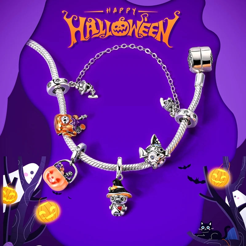 Halloween 925 Sterling Silver Charms | Pumpkin Skeleton Witch Bat Beads for Bracelet DIY Jewelry