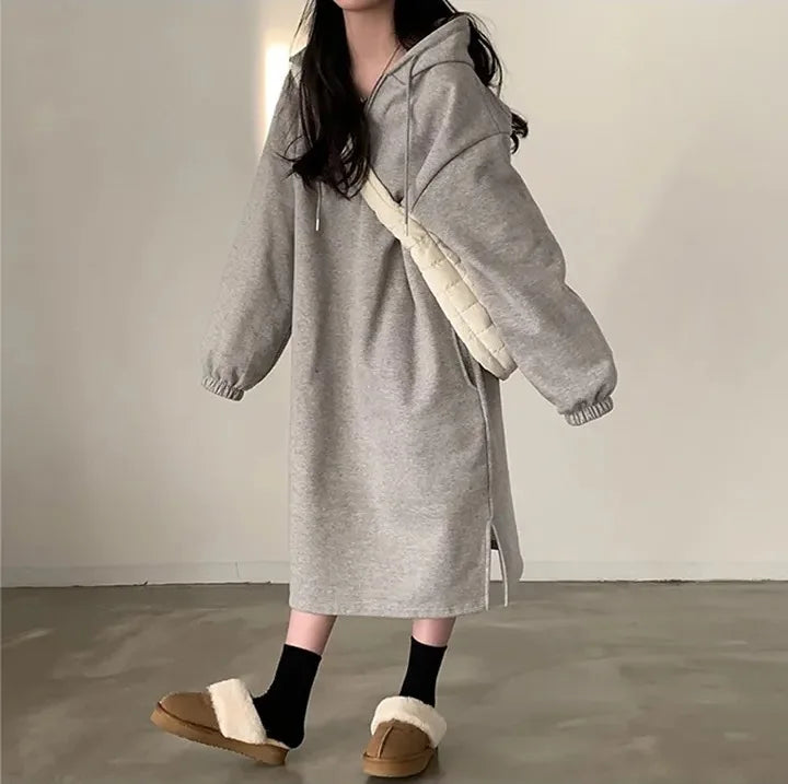 Chic Winter College Long Hoodie Dress ❄️ Lazy Fleece A-Line Side Slit Dress 👗 Pure Color Polyester Fiber 🧵